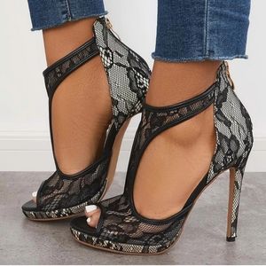 Lace open toe heels